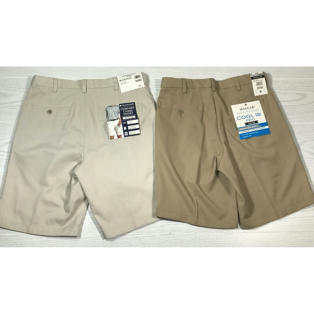 New Haggar Pleated Chino Shorts Men 32 Stretch Preppy Golf Summer Dad Lot Of 2